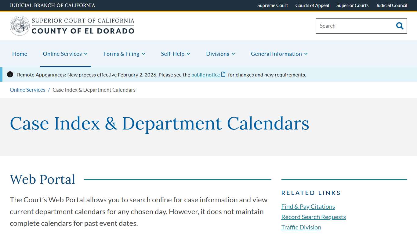 Case Index & Department Calendars | Superior Court of California | County of El Dorado